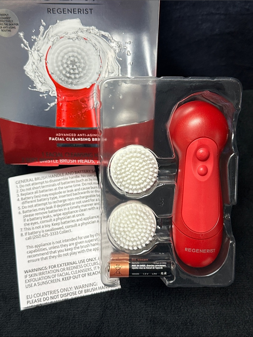 Olay Regenerist Red Facial Cleansing Brush with Replacement Heads and batteries